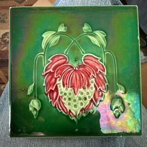 Antique Art Nouveau Green and Red Ceramic Tile